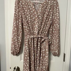 Pink Lily Pink Long Sleeve A-line Wrap Dress with V-neck Notched Collar